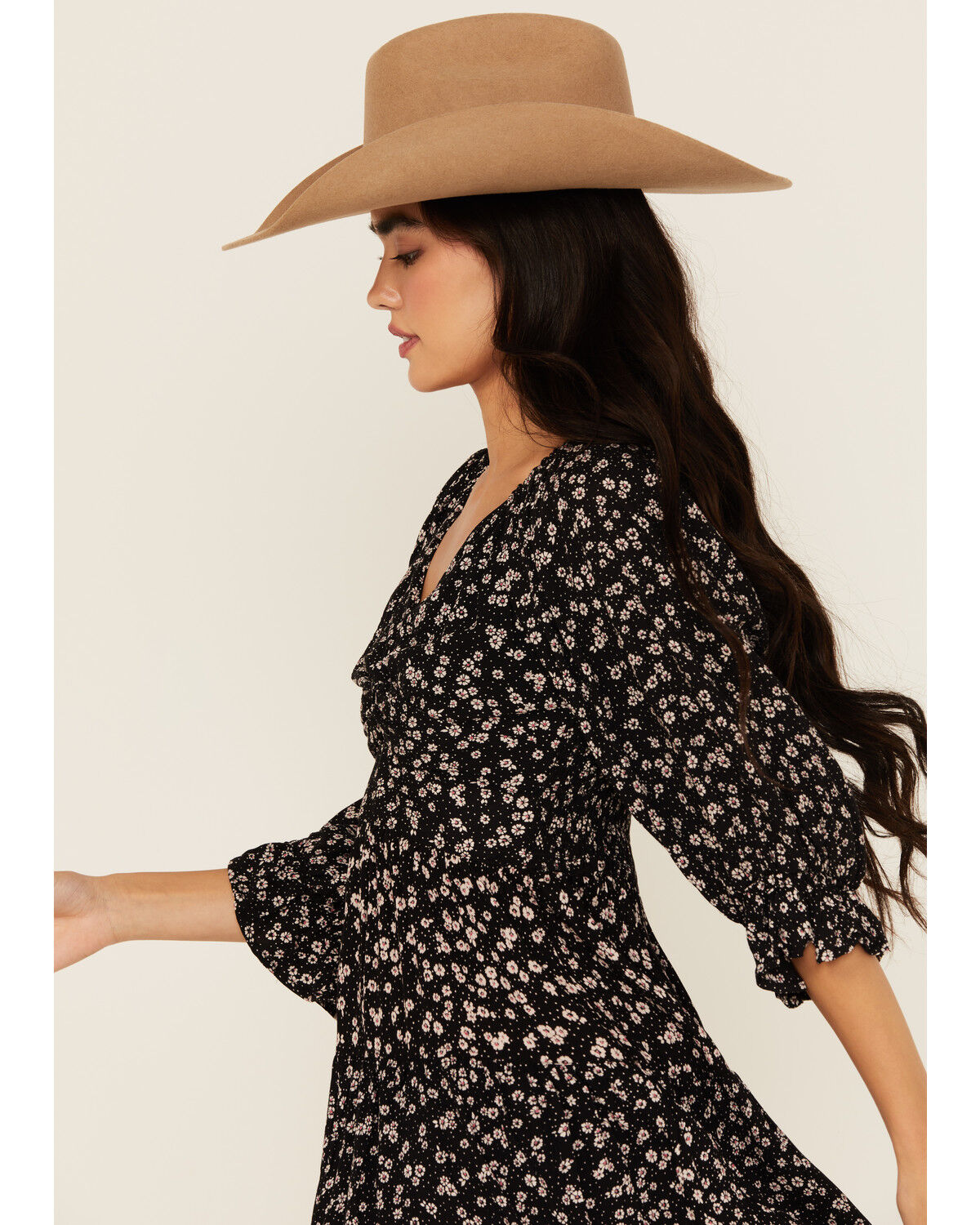 Image #2 - Angie Women's Floral Print Knot Front Mini Dress, Black, hi-res