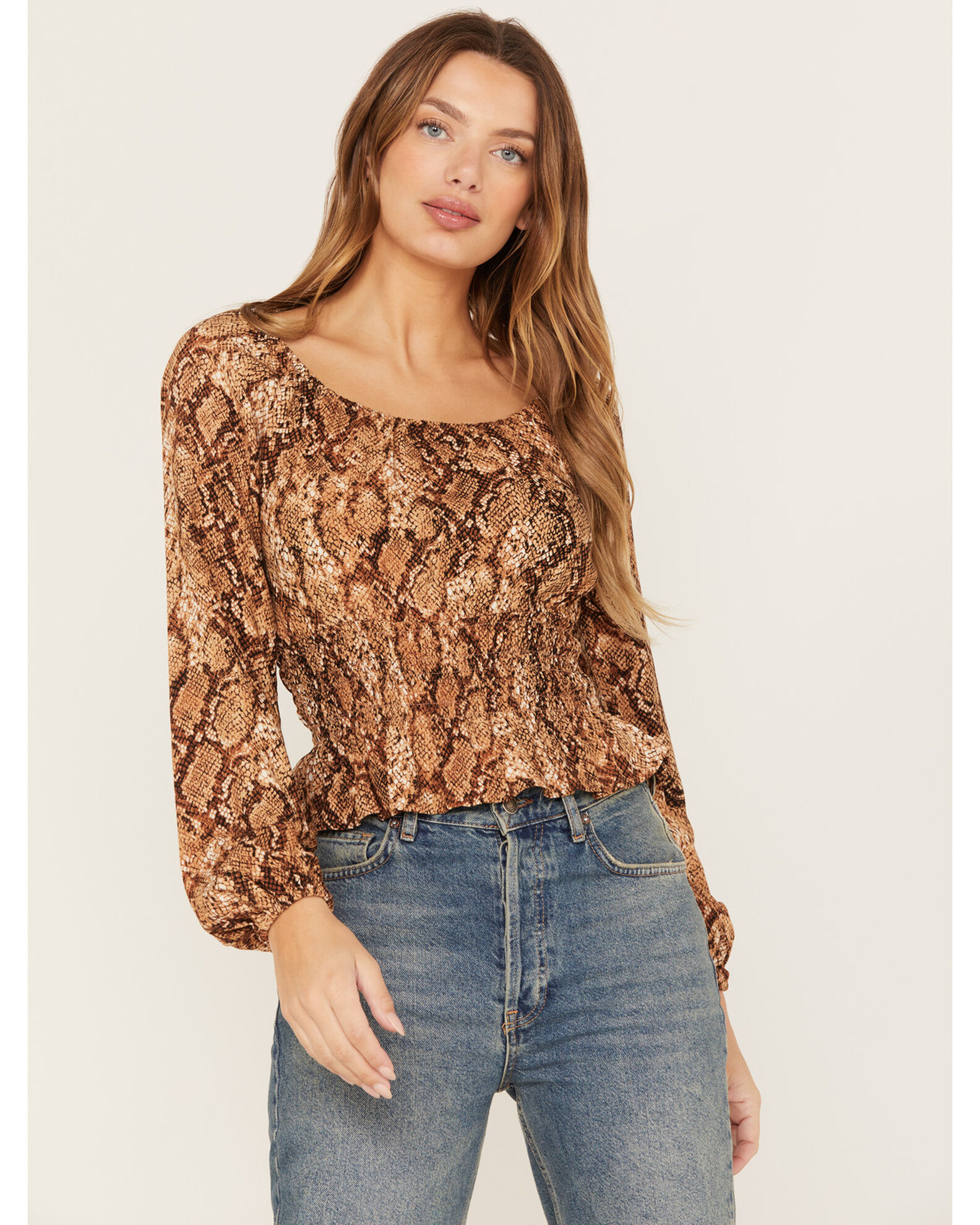 Image #1 - Shyanne Women's Snake Print Long Sleeve Peasant Blouse, Taupe, hi-res