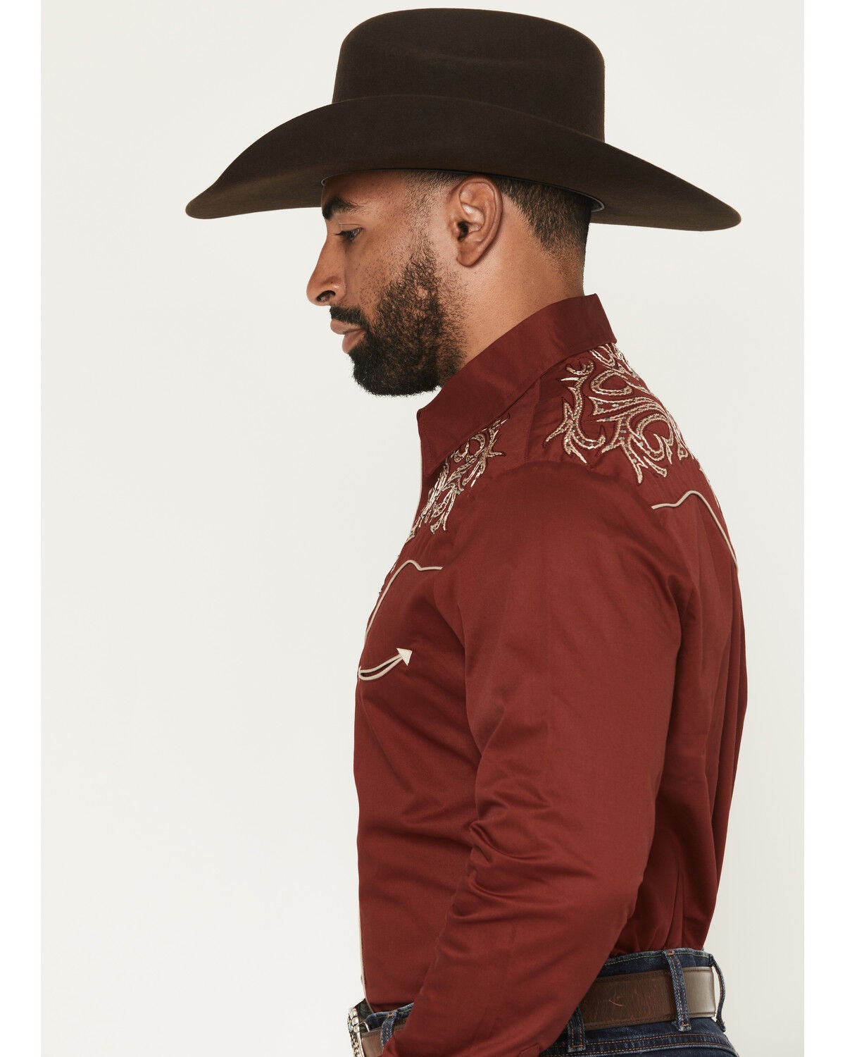 Image #2 - Rodeo Clothing Men's Embroidered Embellished Long Sleeve Snap Western Shirt, Burgundy, hi-res