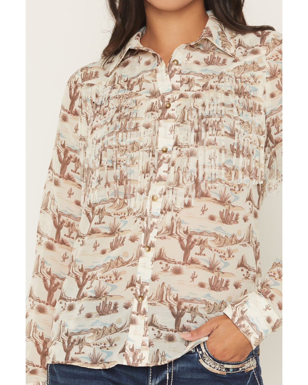 Image #3 - Shyanne Women's Mckean Desert Print Long Sleeve Fringe Button-Down Chiffon Western Shirt, Cream, hi-res