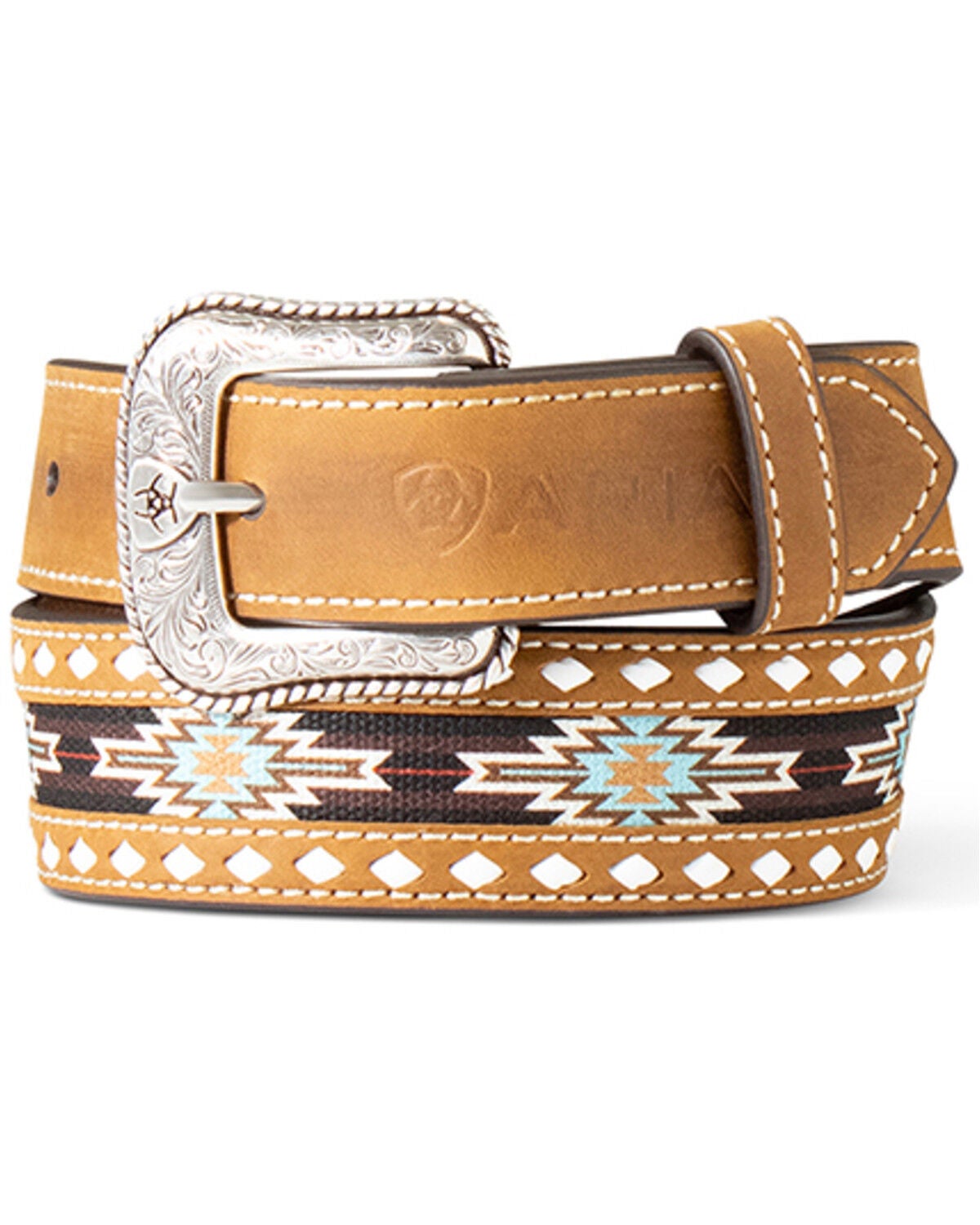 Ariat Boys' Southwestern Embroidered Leather Belt, Brown, hi-res