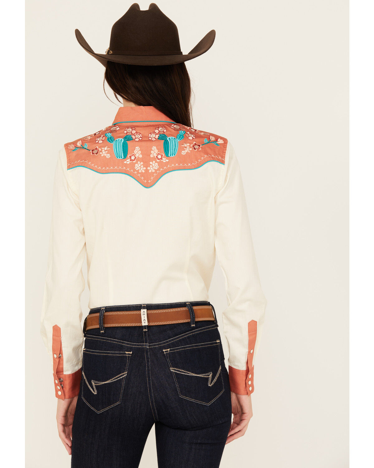 Image #4 - Panhandle Women's Retro Curved Yoke Long Snap Western Shirt, Cream, hi-res