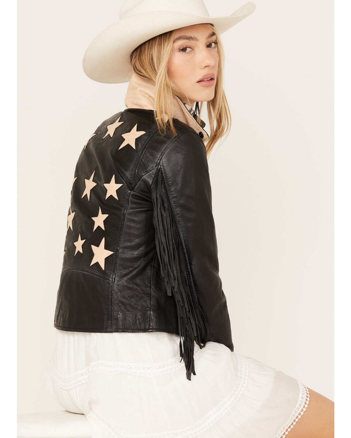 Image #2 - Mauritius Leather Women's Crissy Star and Fringe Detail Leather Jacket, Black, hi-res