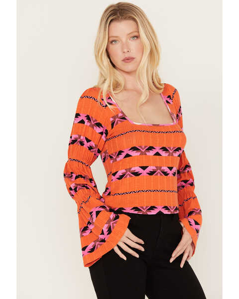 Wrangler Women's Southwestern Striped Long Sleeve Shirt, Orange, hi-res