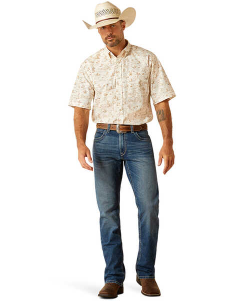 Image #1 - Ariat Men's Edison Cowboy Ranch Print Short Sleeve Button-Down Western Shirt - Big, Tan, hi-res