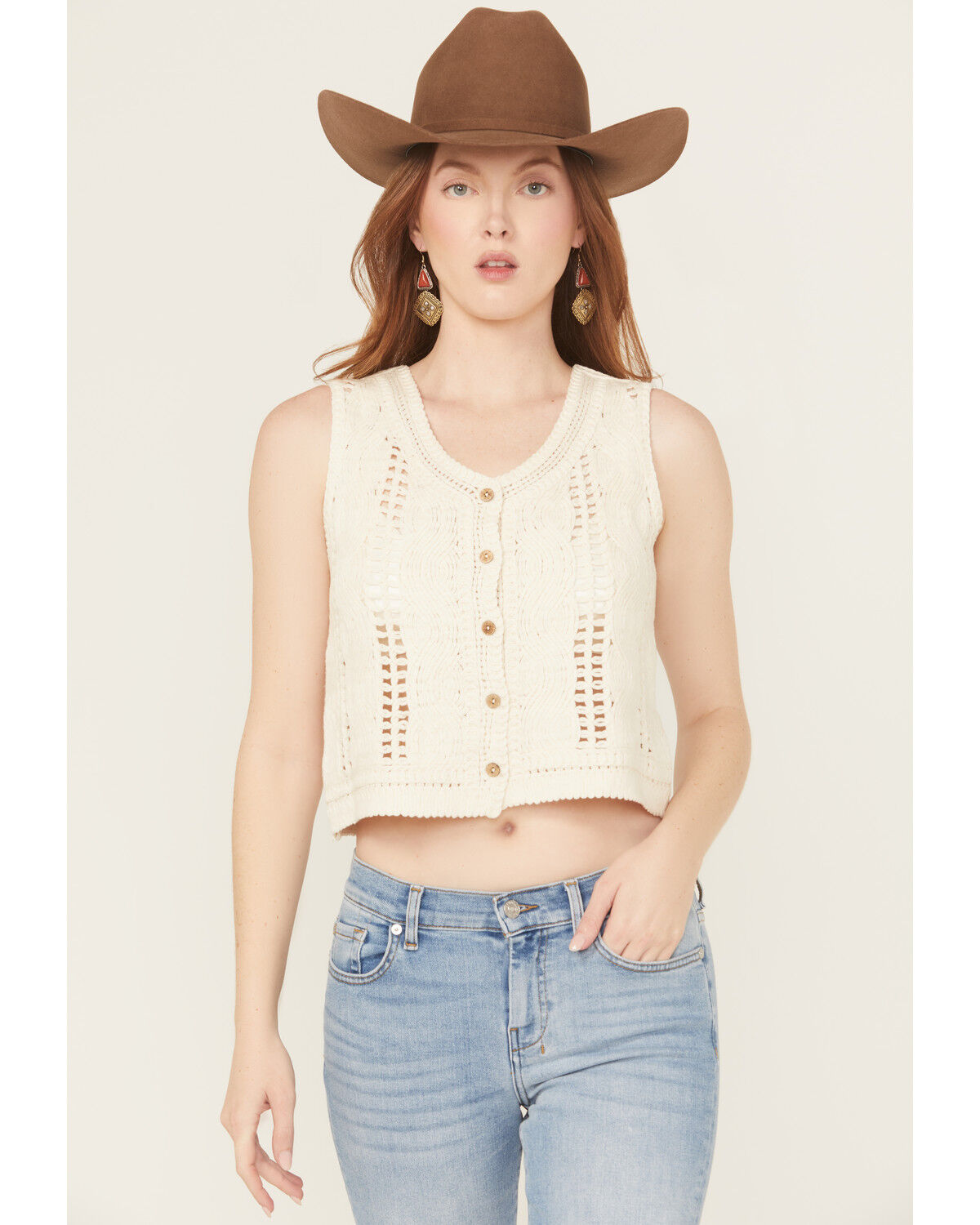 Image #1 - By Together Women's Rory Crochet Button-Down Vest, Ivory, hi-res