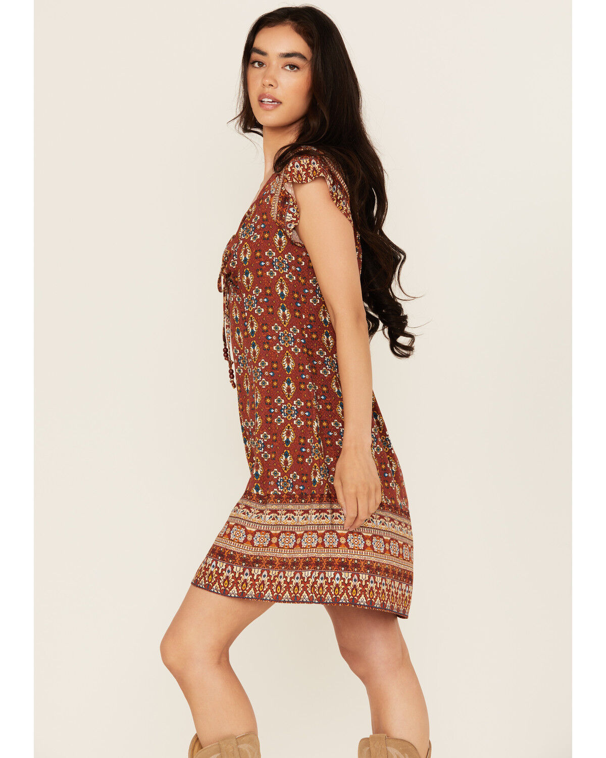 Image #3 - Idyllwind Women's Saxony Tapestry Print Short Sleeve Mini Dress, Caramel, hi-res