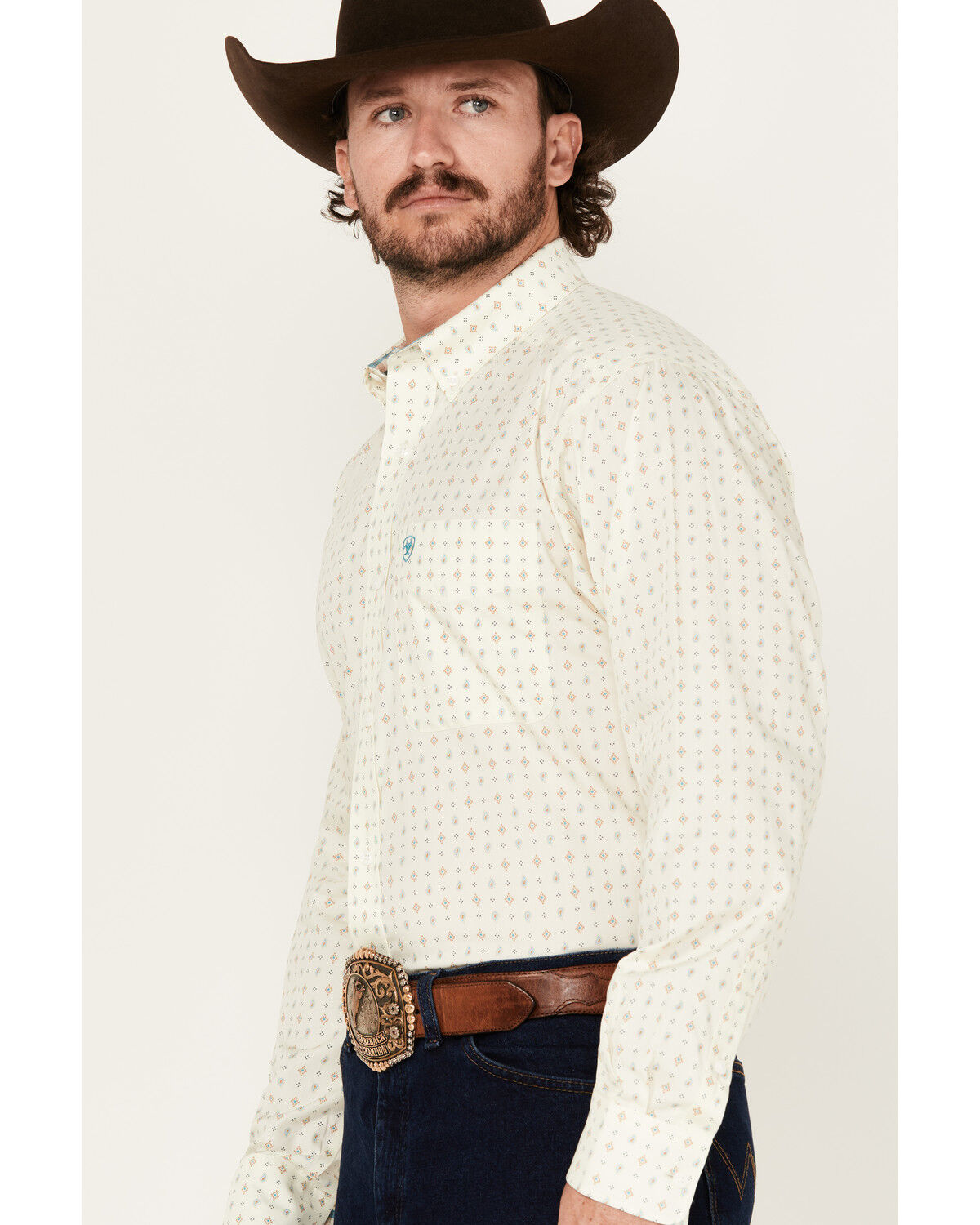 Image #2 - Ariat Men's Wrinkle Free Griffin Geo Print Long Sleeve Button-Down Western Shirt - Tall, Cream, hi-res