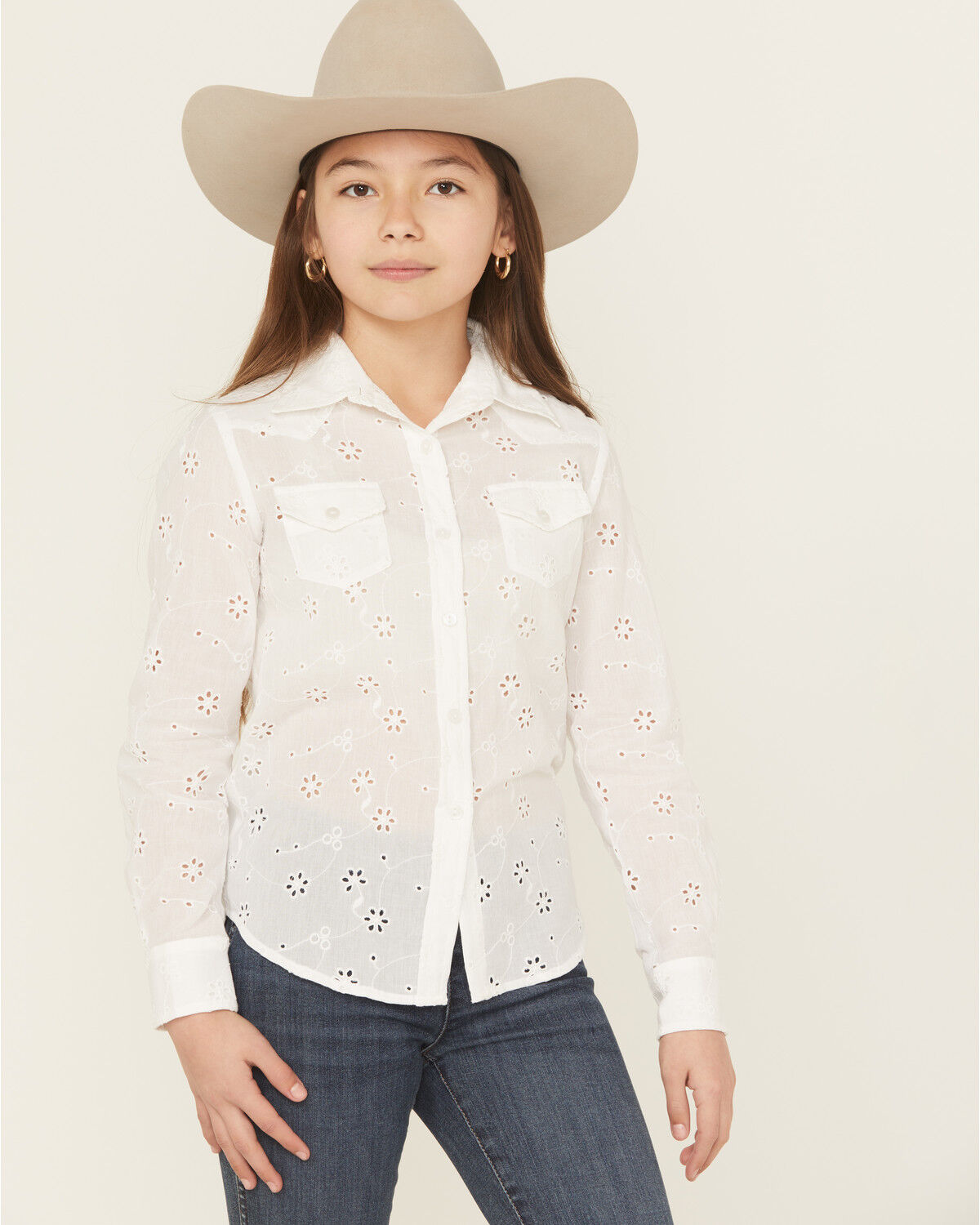 Image #1 - Roper Girls' Eyelet Long Sleeve Button-Down Western Shirt, White, hi-res