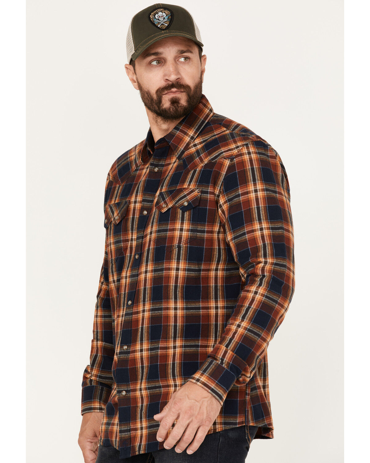Image #2 - Moonshine Spirit Men's Rusted Still Plaid Print Snap Western Flannel Shirt, Navy, hi-res