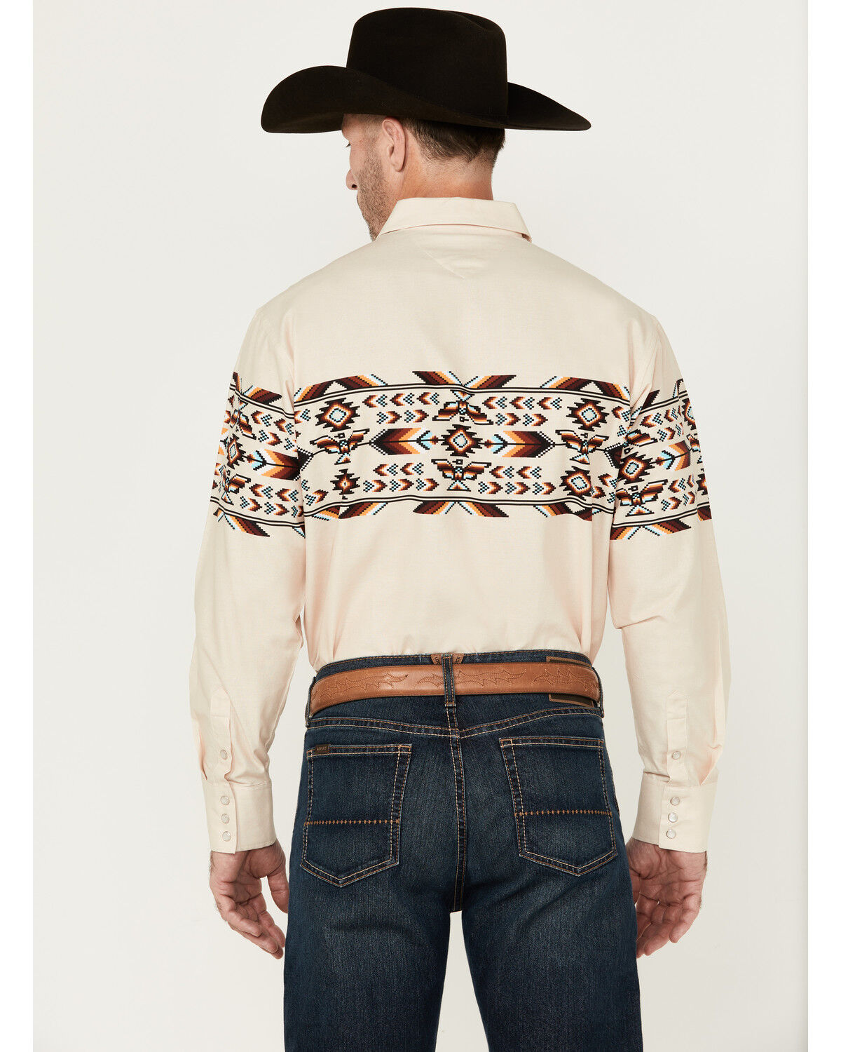 Image #4 - Panhandle Men's Southwestern Print Border Long Sleeve Pearl Snap Western Shirt, Natural, hi-res