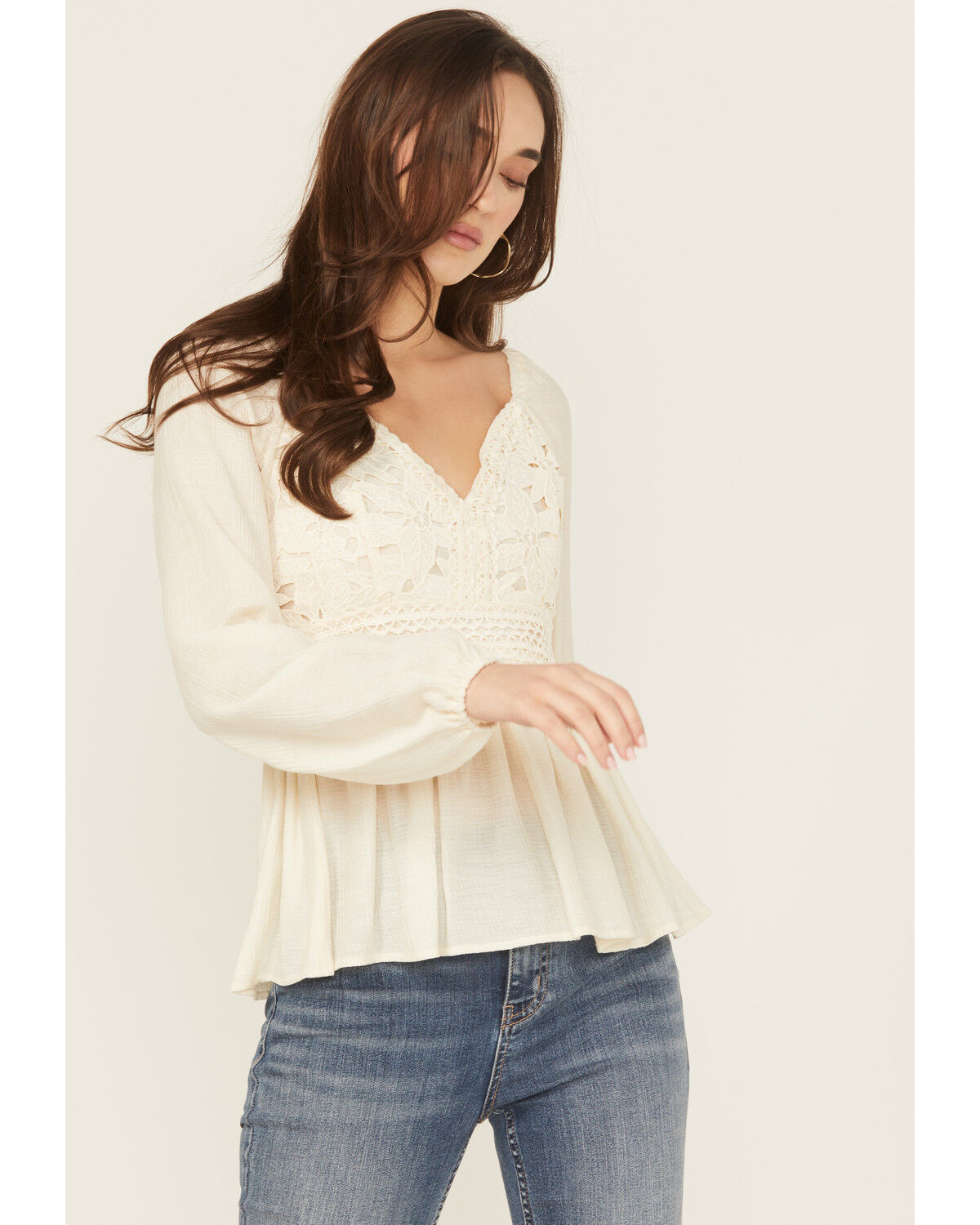 Image #1 - Shyanne Women's Crochet Lace Long Sleeve Crinkle Top, Cream, hi-res