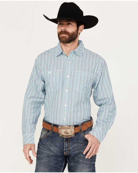 Resistol Men's Dillon Striped Long Sleeve Button Down Western Shirt, Green, hi-res