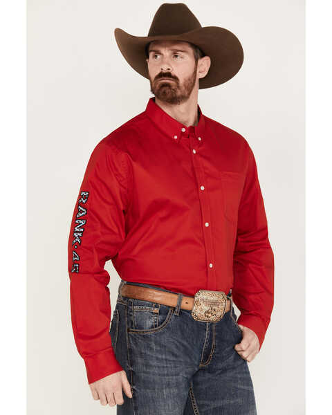 RANK 45® Men's Logo Barbado Long Sleeve Button-Down Western Shirt, Cherry, hi-res