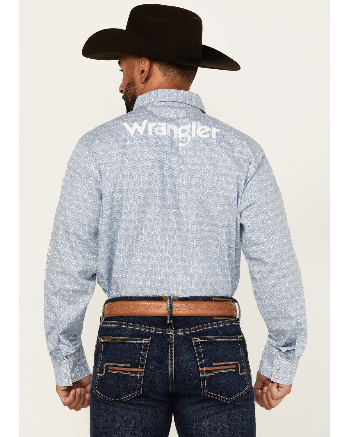 Image #4 - Wrangler Men's Geo Print Logo Long Sleeve Snap Western Shirt, Blue, hi-res