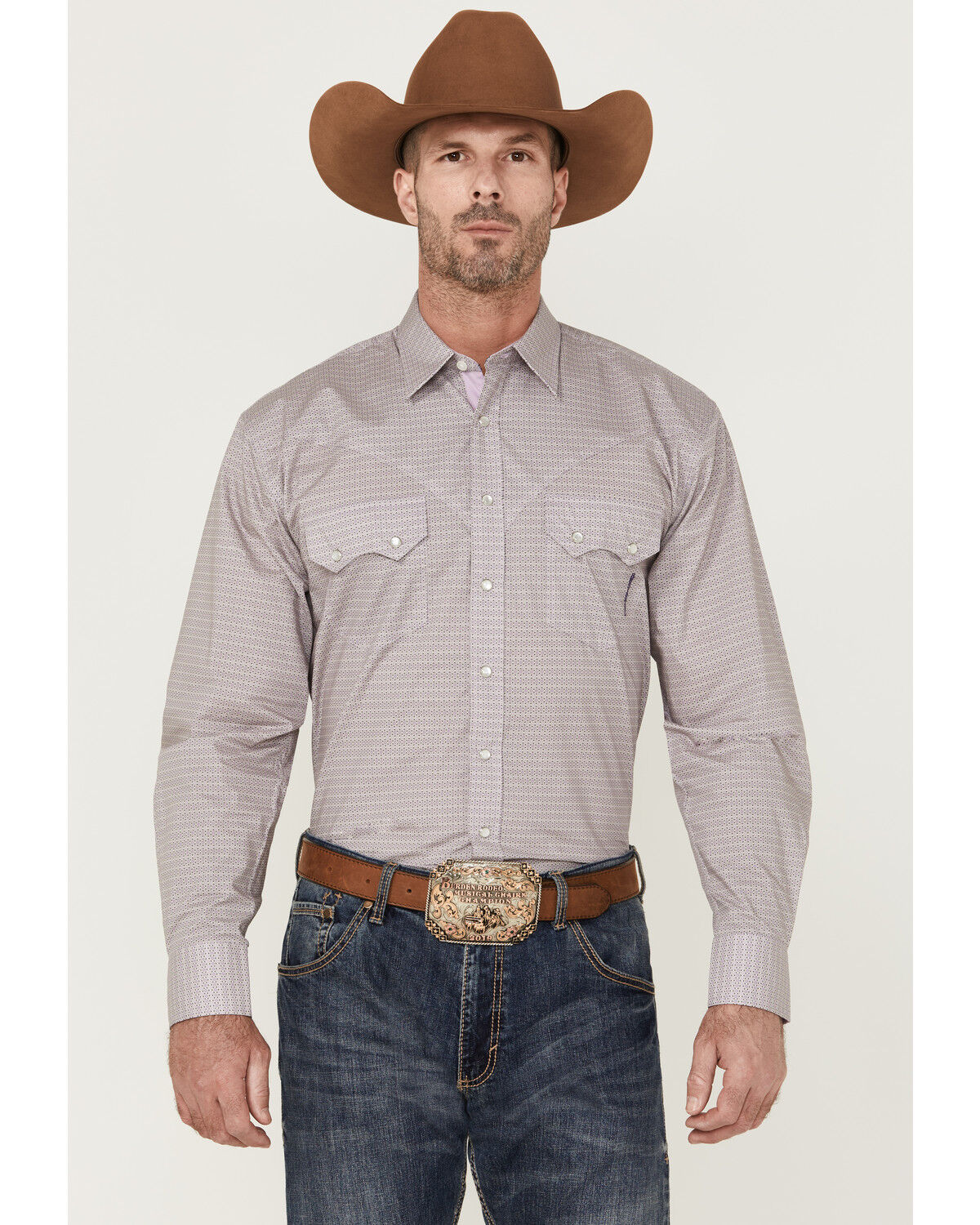 Image #1 - Resistol Men's Arcadia Geo Print Long Sleeve Pearl Snap Western Shirt, Purple, hi-res