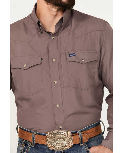 Image #2 - Wrangler Men's Solid Long Sleeve Performance Snap Western Shirt, Brown, hi-res