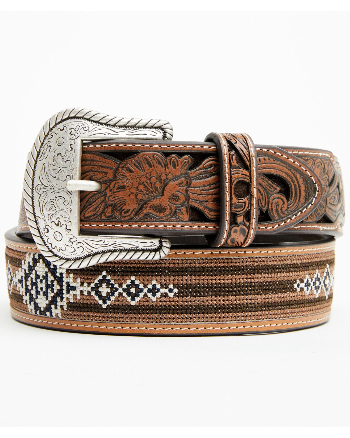 Cody James Men's Austin Southwestern Print Embroidered and Tooled Belt, Brown, hi-res