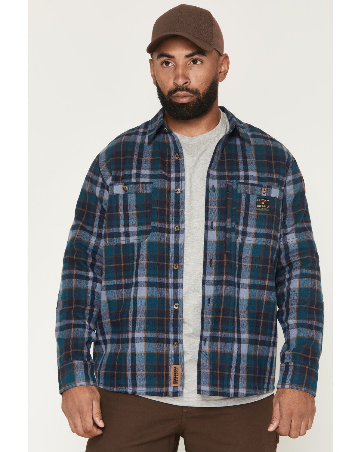 Image #1 - Lucky Brand Workwear Men's Everglades Plaid Print Long Sleeve Button-Down Flannel Shirt, Dark Teal, hi-res