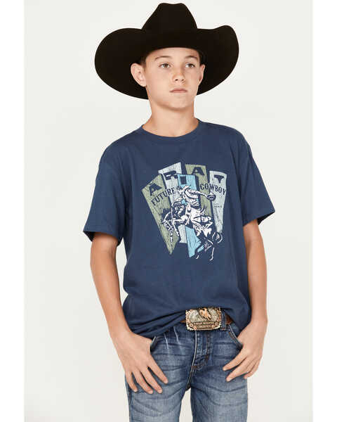 Image #1 - Ariat Boys' Cowboy Plans Short Sleeve Graphic T-Shirt, Navy, hi-res