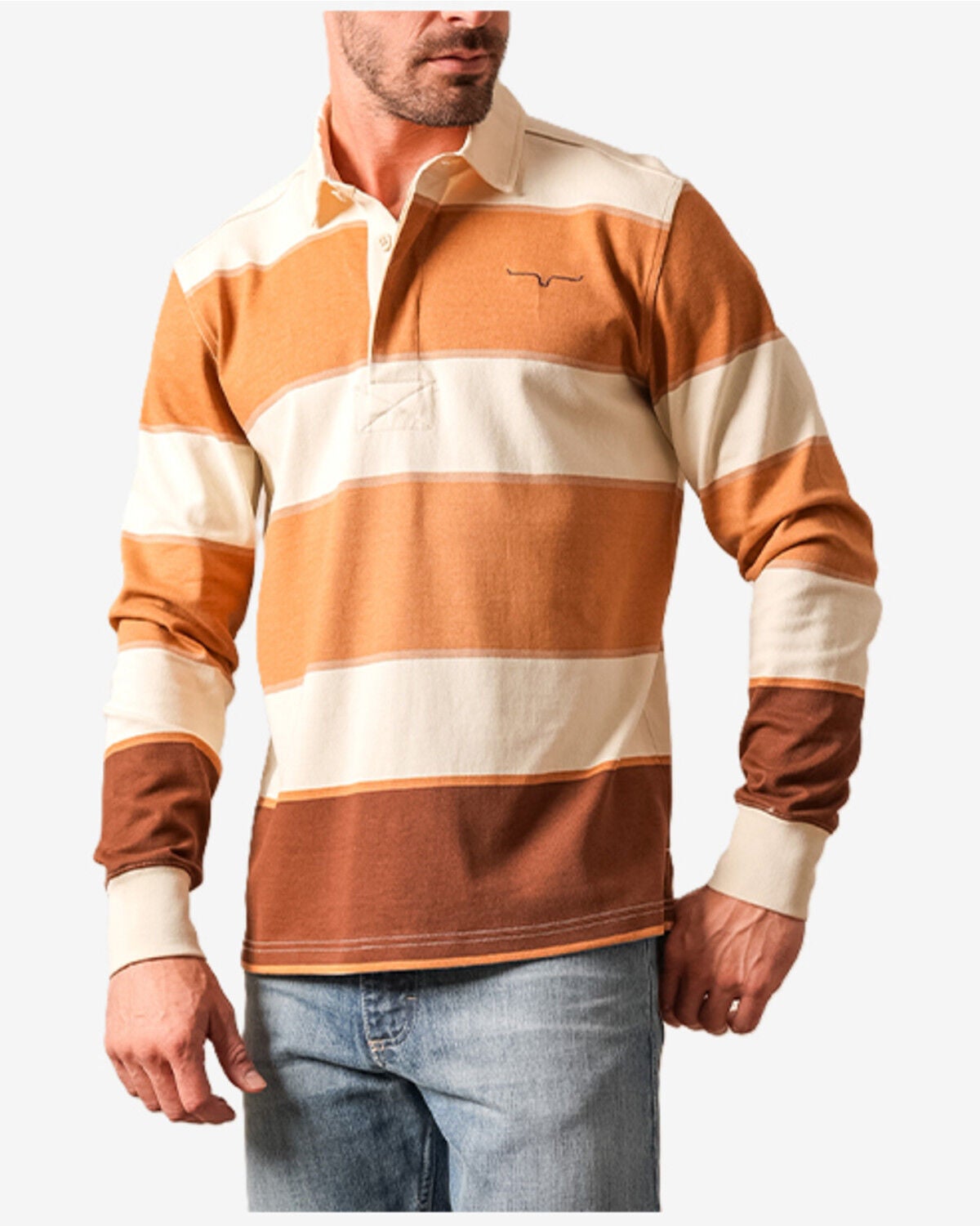 Image #1 - Kimes Ranch Men's York Striped Long Sleeve Button-Down Polo, Tan, hi-res