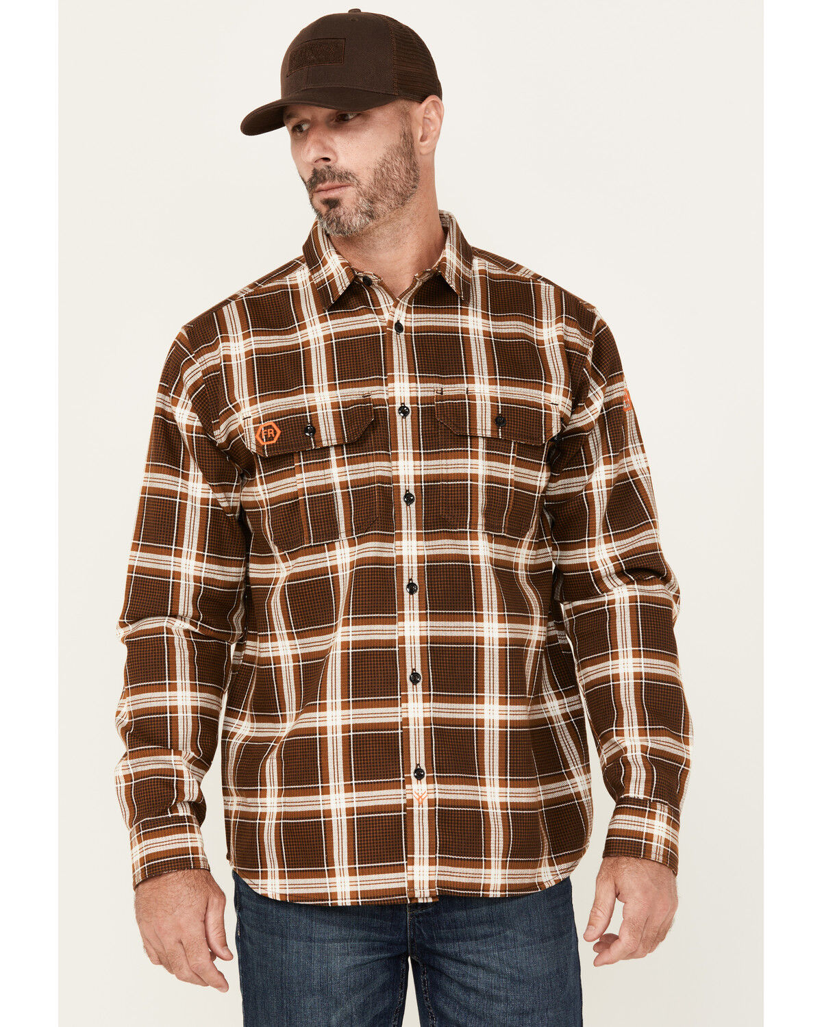 Image #1 - Hawx Men's FR Plaid Print Long Sleeve Button-Down Western Work Shirt, Brown, hi-res
