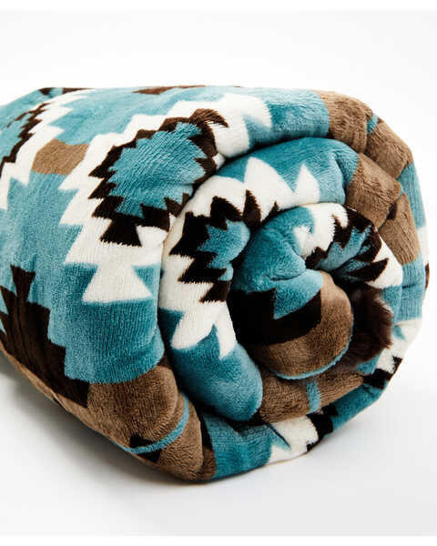 Boot Barn Ranch Southwestern Print Faux Fur Blanket , Turquoise, hi-res
