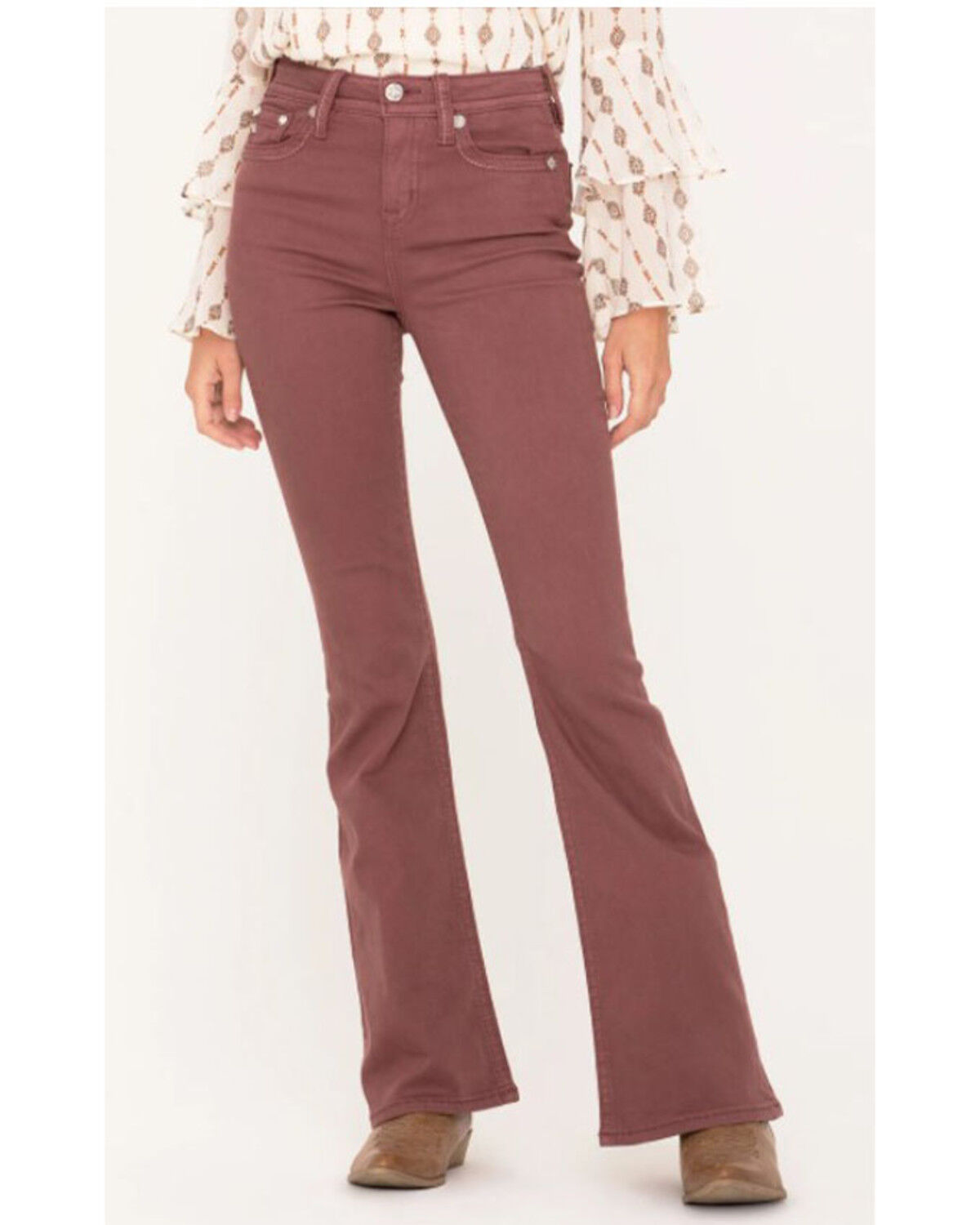 Image #1 - Miss Me Women's X-Shaped Flap Pocket High Rise Flare Jeans, Pink, hi-res