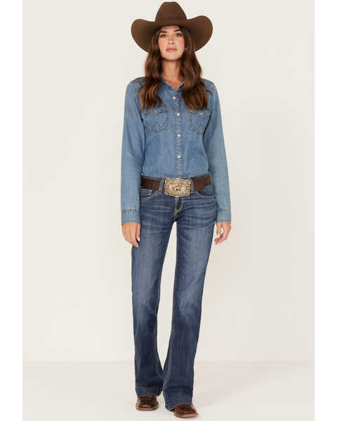 Ariat Women's Medium Wash Mid-Rise Amaryllis Stretch Wide Trouser Flare Jeans, Blue, hi-res