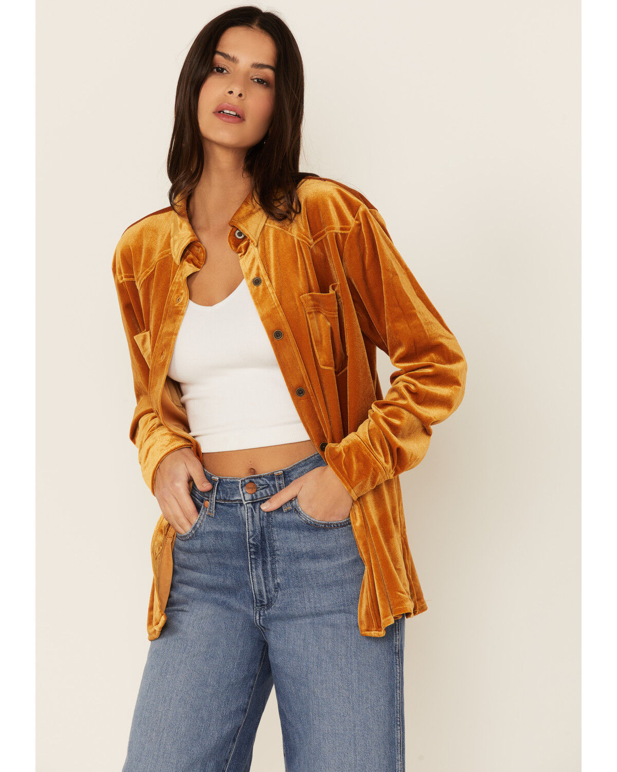Image #1 - Wrangler Women's Old Gold Velvet Boyfriend Cut Long Sleeve Western Shirt, , hi-res