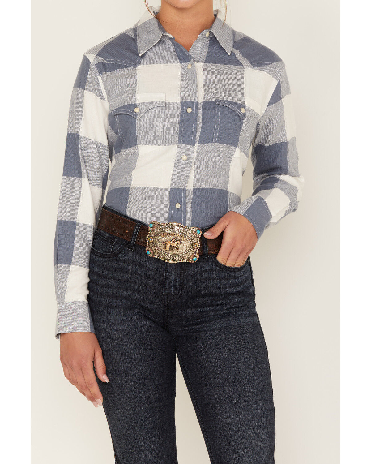 Image #3 - Wrangler Women's Boot Barn Exclusive Buffalo Check Print Long Sleeve Western Flannel Snap Shirt, Blue/white, hi-res
