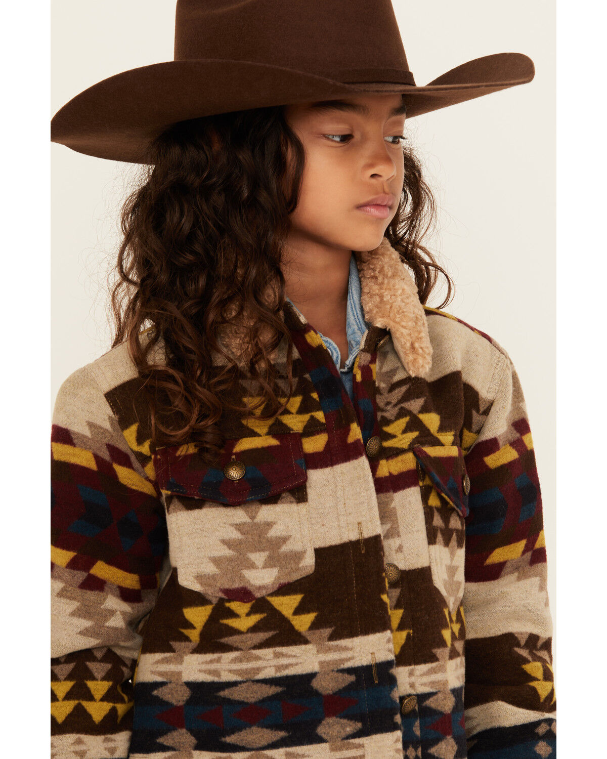 Image #2 - Shyanne Girls' Southwestern Print Sherpa Trim Shacket, Chocolate, hi-res
