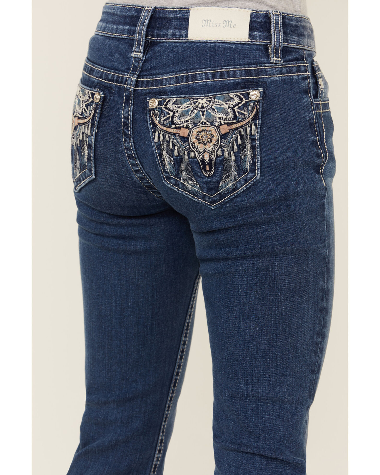Image #2 - Miss Me Girls' Dark Wash Steerhead Pocket Bootcut Stretch Denim Jeans, Blue, hi-res