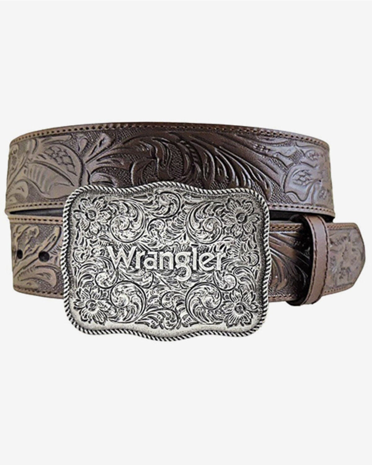 Wrangler Men's Tooled Leather Belt, Chocolate, hi-res