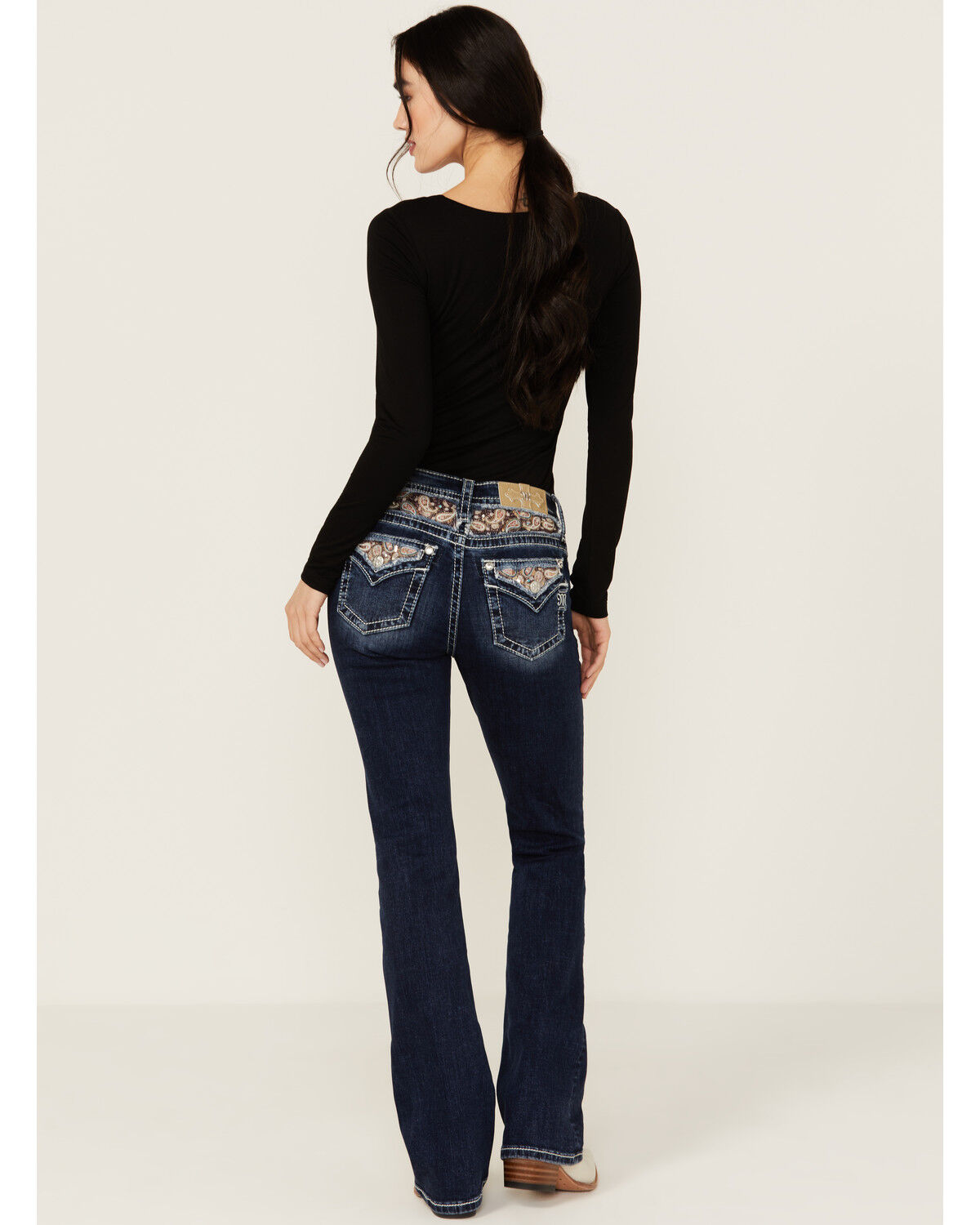 Image #1 - Miss Me Women's Dark Wash Faux Flap Sequin Paisley Pocket Mid Rise Bootcut Stretch Denim Jeans, Dark Wash, hi-res