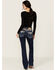 Image #1 - Miss Me Women's Dark Wash Faux Flap Sequin Paisley Pocket Mid Rise Bootcut Stretch Denim Jeans, Dark Wash, hi-res