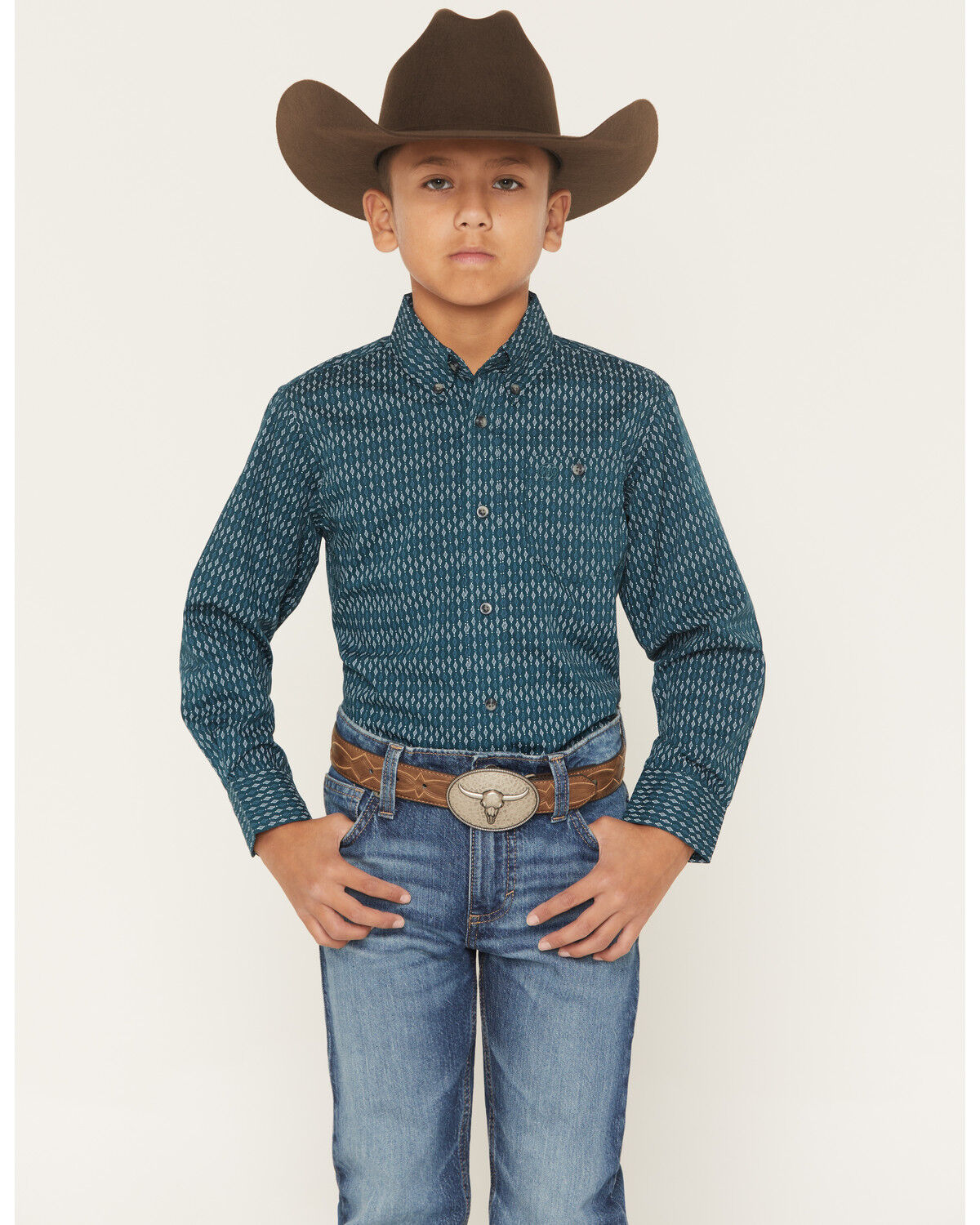 Image #1 - Wrangler Boys' Geo Print Long Sleeve Button-Down Western Shirt, Teal, hi-res