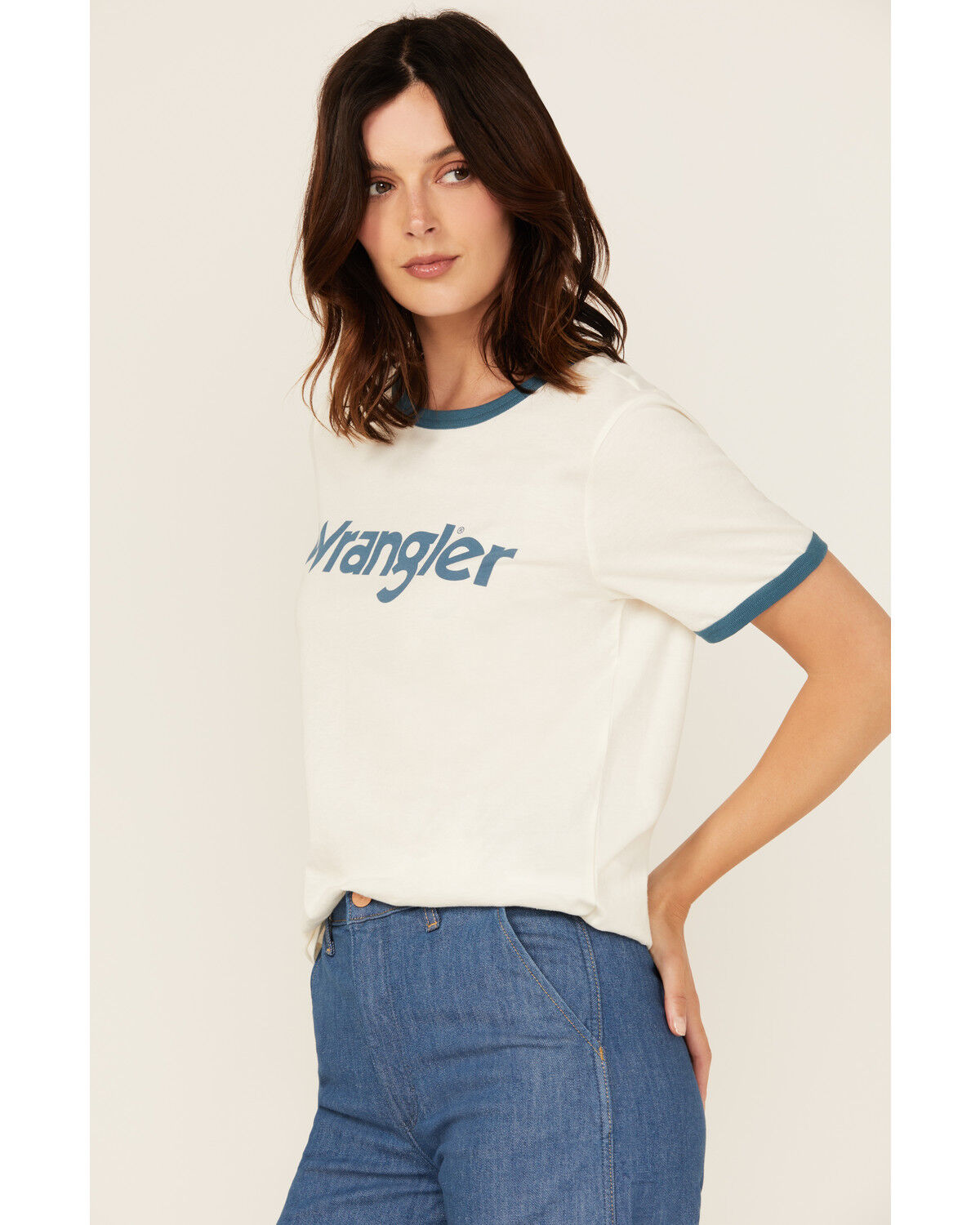 Image #2 - Wrangler Women's Logo Short Sleeve Ringer Tee, White, hi-res