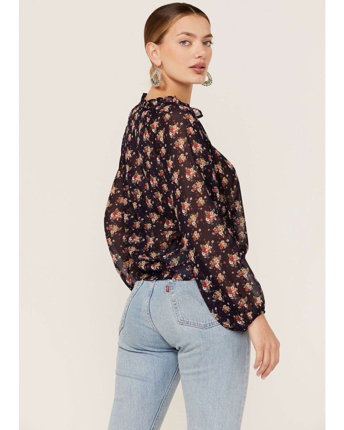 Image #3 - Wild Moss Women's Ruffle Neck Peasant Blouse, Navy, hi-res