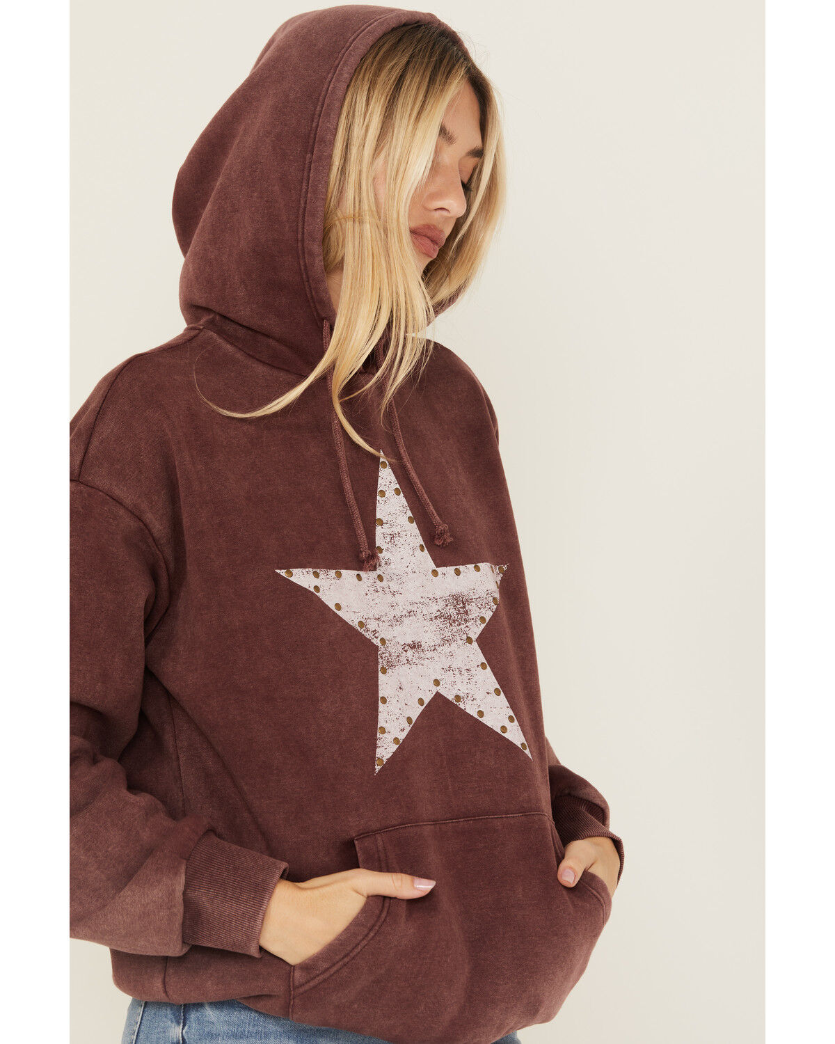 Image #2 - Youth in Revolt Women's Studded Star Graphic Hoodie, Burgundy, hi-res