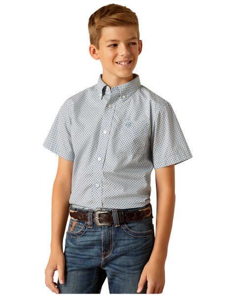 Image #1 - Ariat Boys' Geo Print Short Sleeve Button-Down Western Shirt , Blue, hi-res