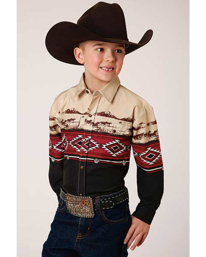 Roper Boys' Vintage Ranch Scene Southwestern Print Border Snap Western Shirt, Multi, hi-res