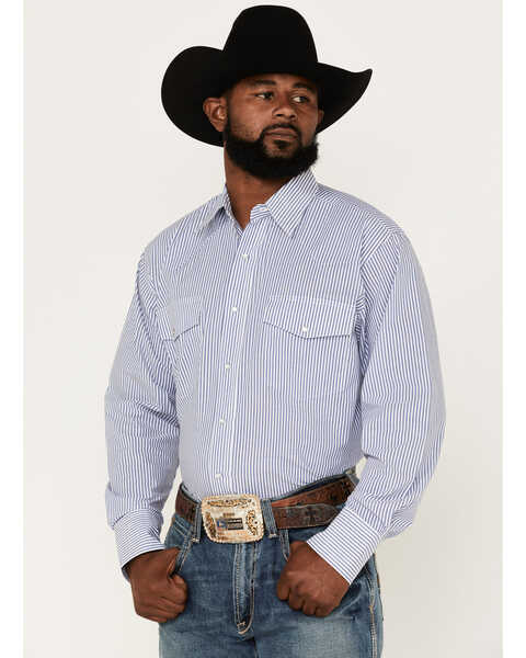 Wrangler Men's Stripe Print Long Sleeve Pearl Snap Western Shirt - Big & Tall, Blue, hi-res