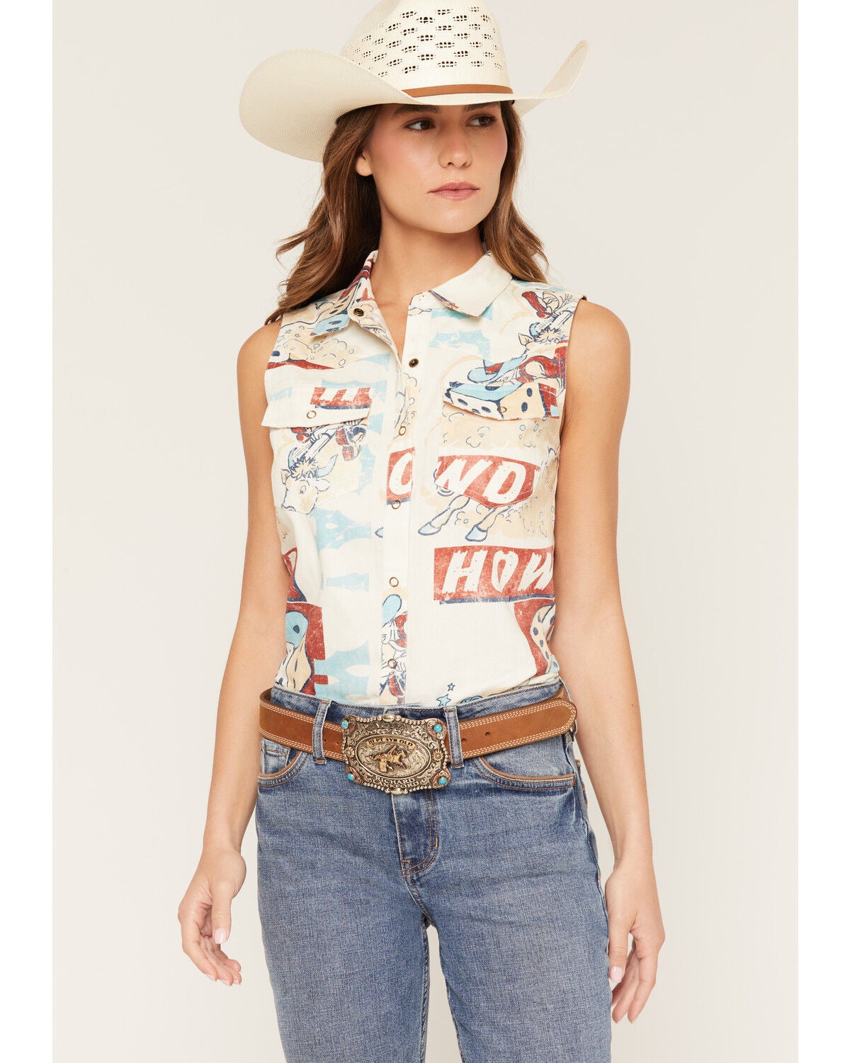 Shyanne Women's Santa Clara Conversation Print Sleeveless Snap Western Shirt, Cream, hi-res