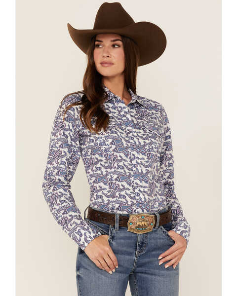 Cinch Women's Paisley Print Long Sleeve Snap Western Shirt, Purple, hi-res
