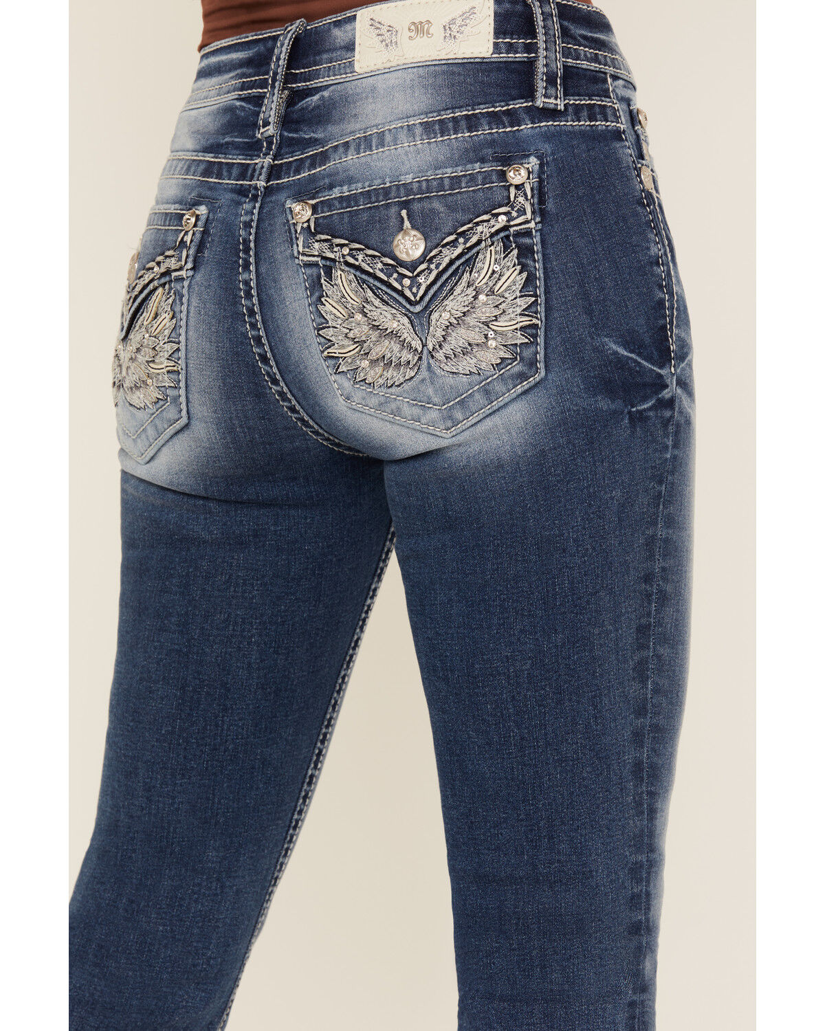 Image #2 - Miss Me Women's Medium Wash Mid Rise Winged Pocket Bootcut Stretch Denim Jeans, Medium Wash, hi-res