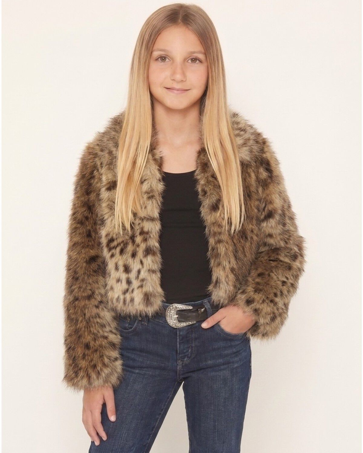 Shyanne Girls' Maggie Leopard Print Faux Fur Jacket, Turquoise, hi-res
