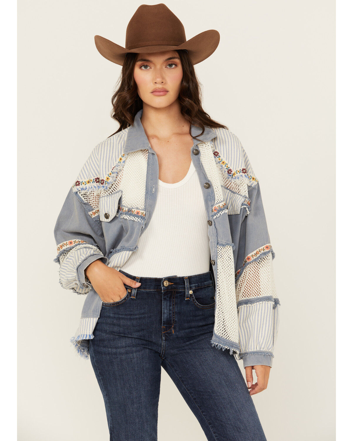 Image #1 - People Of Leisure Women's Patchwork Floral Long Sleeve Button-Down Shirt, Blue, hi-res