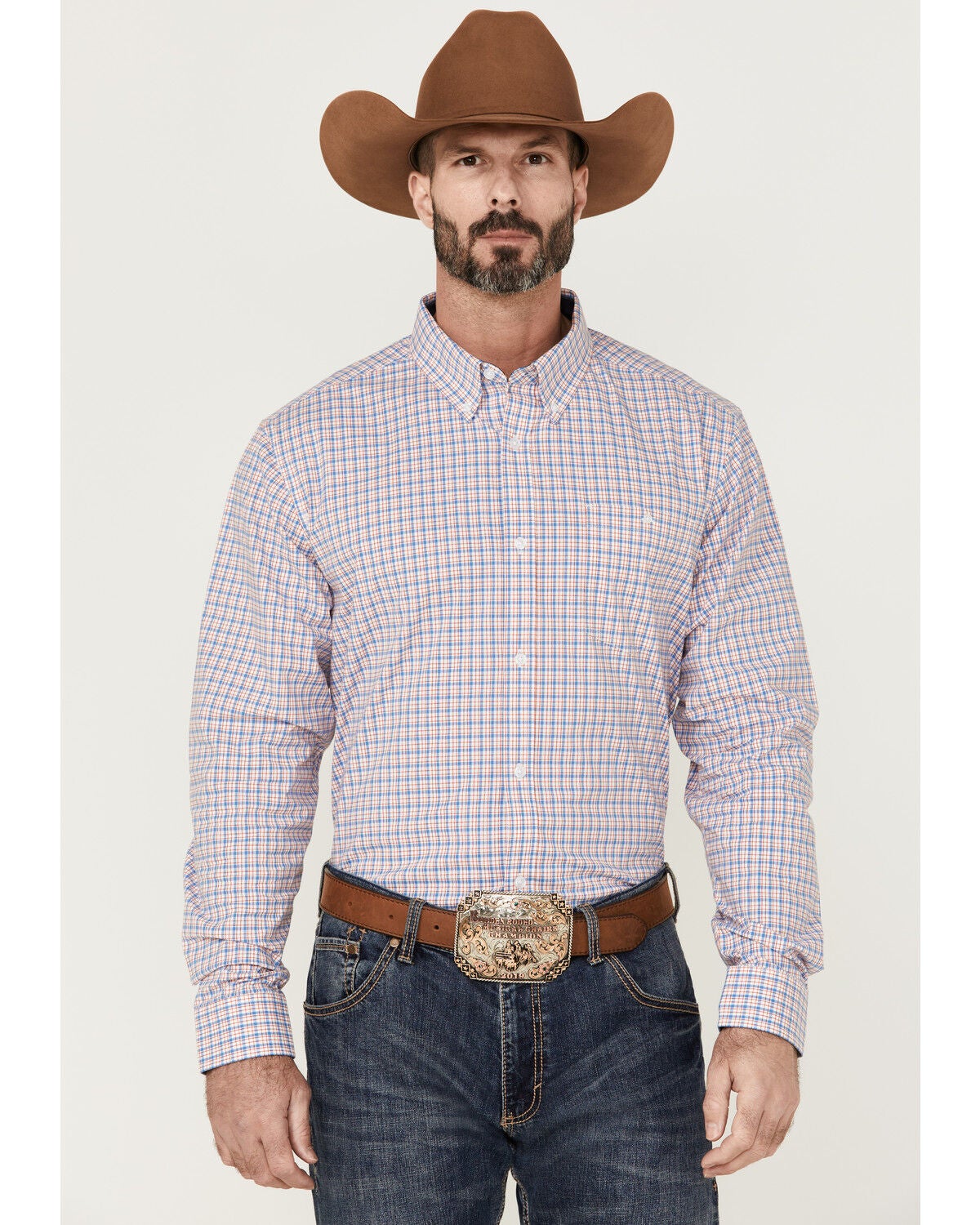 RANK 45&reg; Men's Bronc Small Plaid Print Long Sleeve Button-Down Western Shirt, Red/white/blue, hi-res