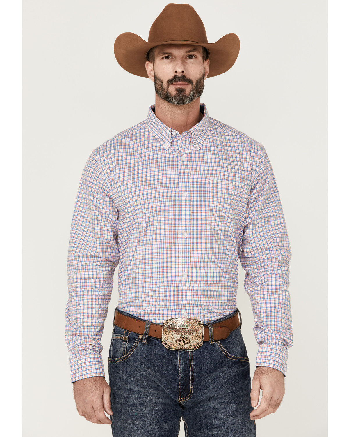 Image #1 - RANK 45® Men's Bronc Small Plaid Print Long Sleeve Button-Down Western Shirt, Red/white/blue, hi-res